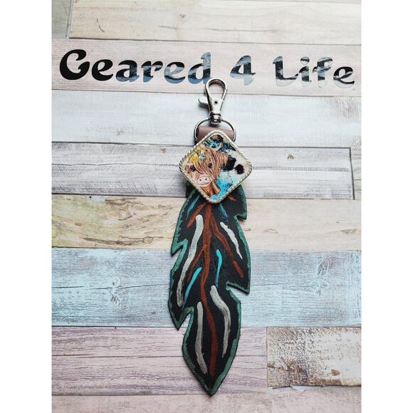 Leather Feather Key Chain Ring, cowgirl western purse charm, conchos - Picture 1 of 2